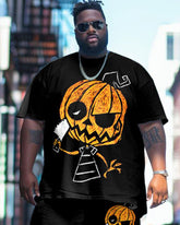 Men's Plus Size Street Fashion Black Pumpkin Head Printed T-Shirt Shorts Suit